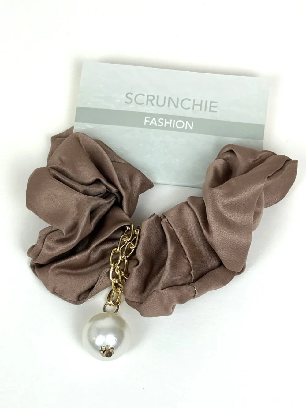 Taupe / brown satin hair scrunchie with a gold chain and hanging pearl charm New
